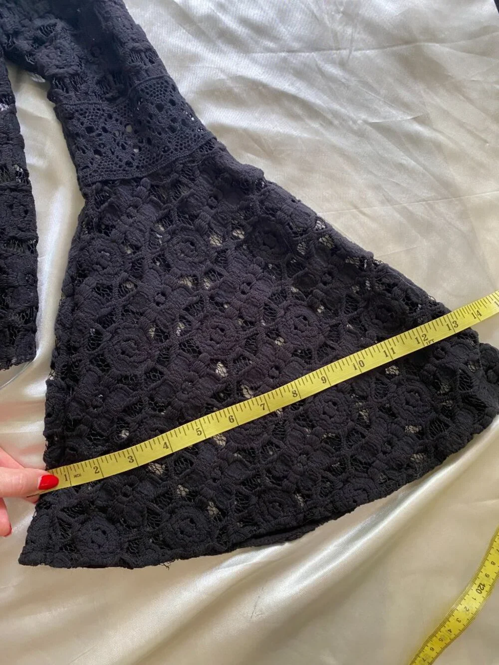 Free People Kiss & Bell Black Lace Crochet Bell Sleeve Open Back Top Small Boho